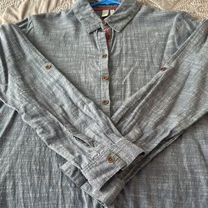 Sahalie Women's Blue Slub Linen Button Down Shirt with Back Embroidery